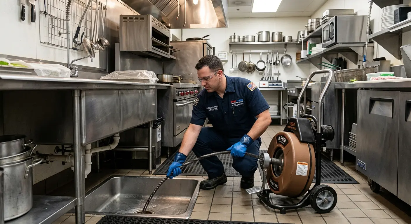 Commercial drain cleaning service in a restaurant kitchen in Castaic