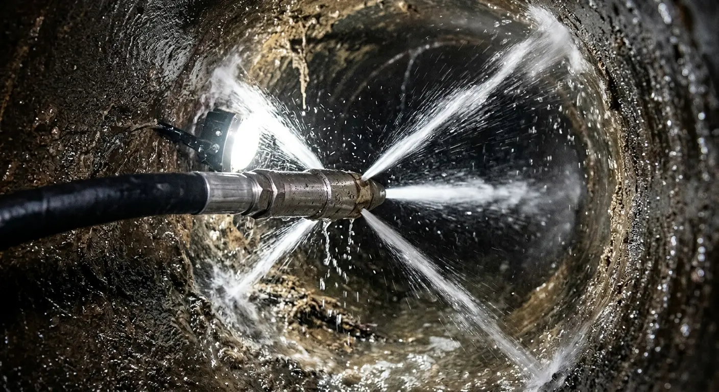 High-pressure hydro jetting nozzle cleaning sewer pipe for Sewer Cleanout in Castaic