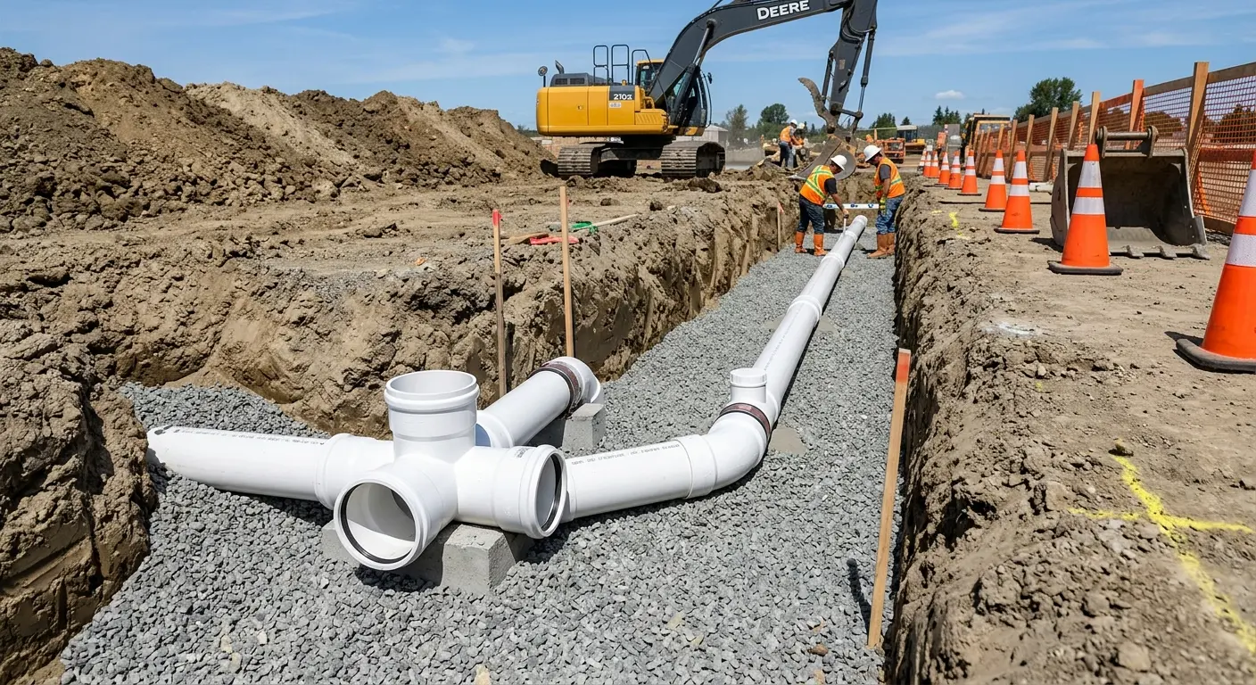 New PVC sewer pipe installation in open trench for Sewer Backup in Castaic