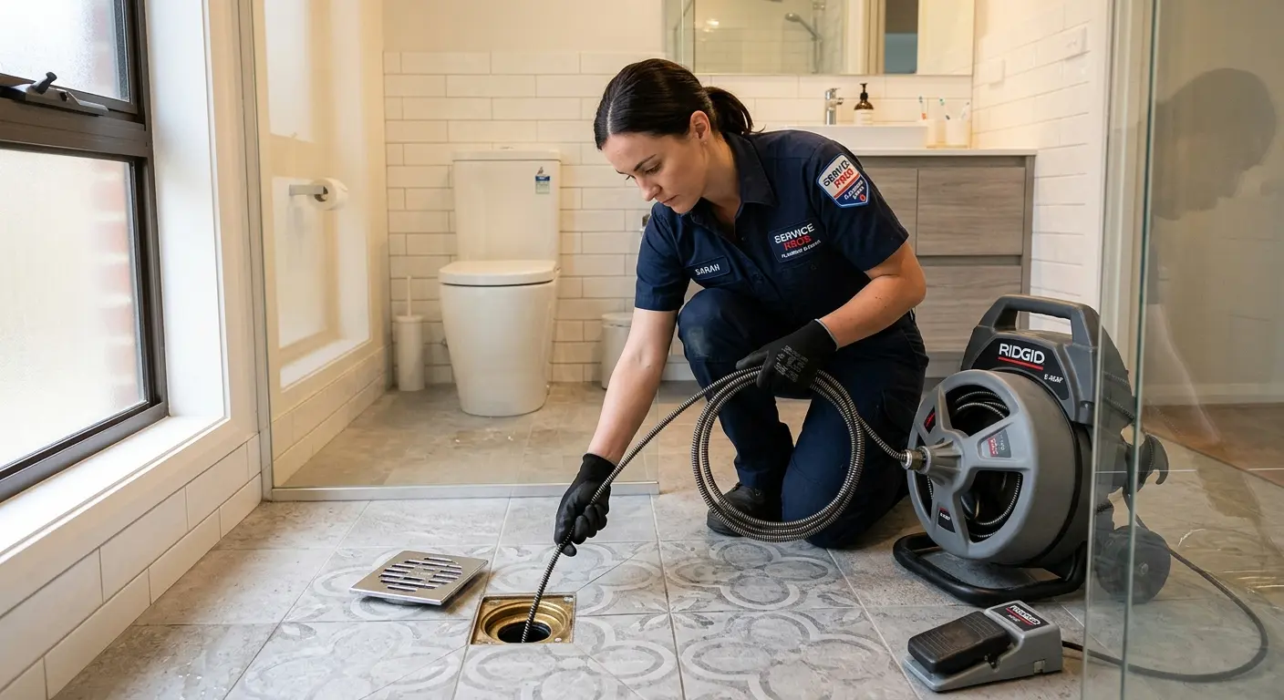 Technician clearing a bathroom floor drain for Hydro Jetting in Castaic